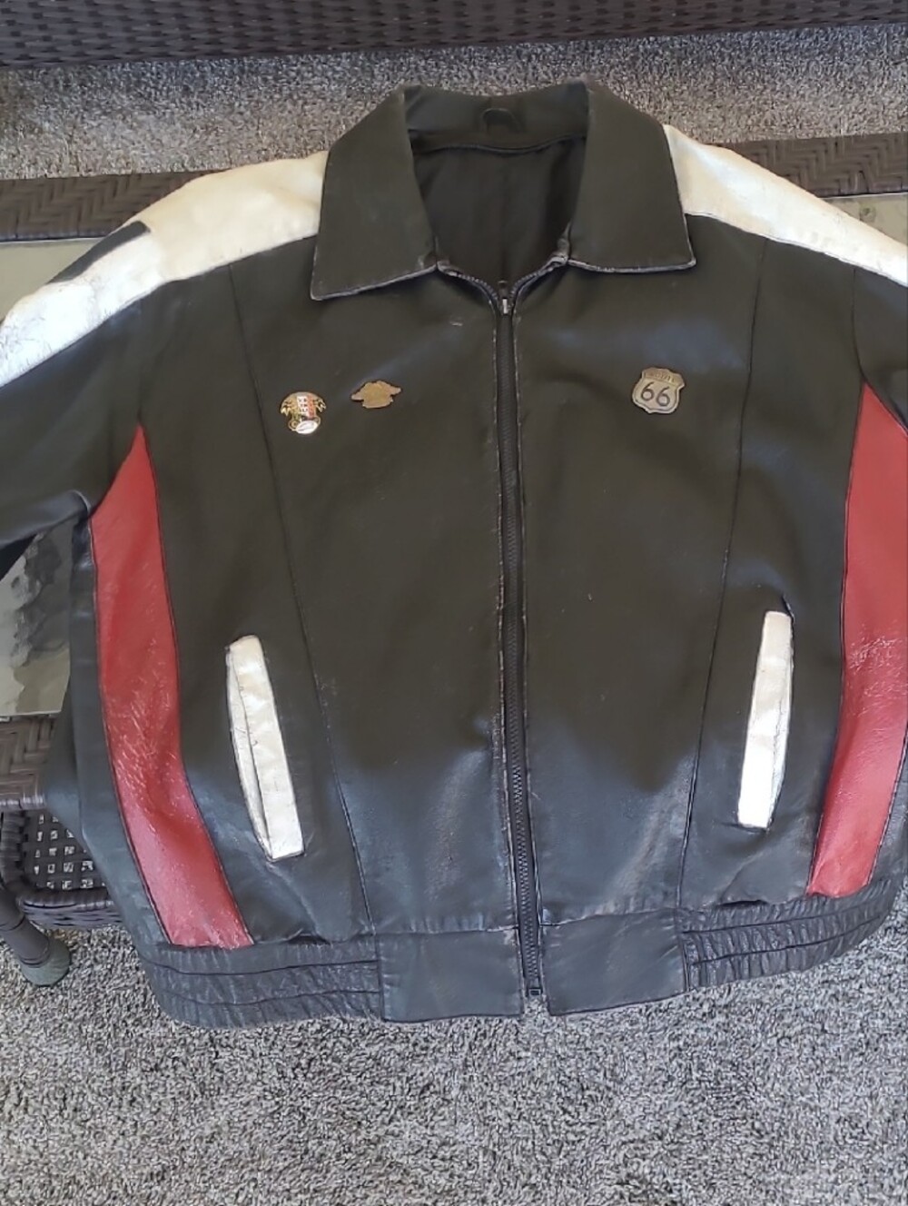 Men's Black Leather Racing Jacket with Red & White Accents